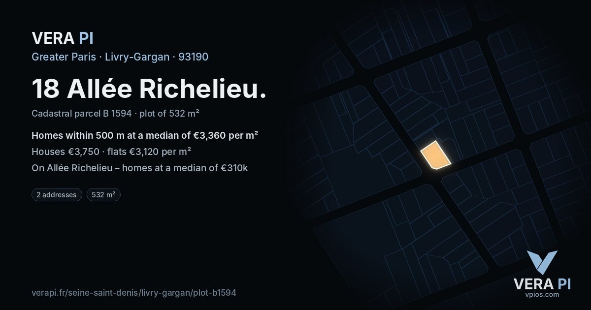 18 Allée Richelieu, Livry-Gargan at night – the plot lit, the parcels around coloured by the prices near them