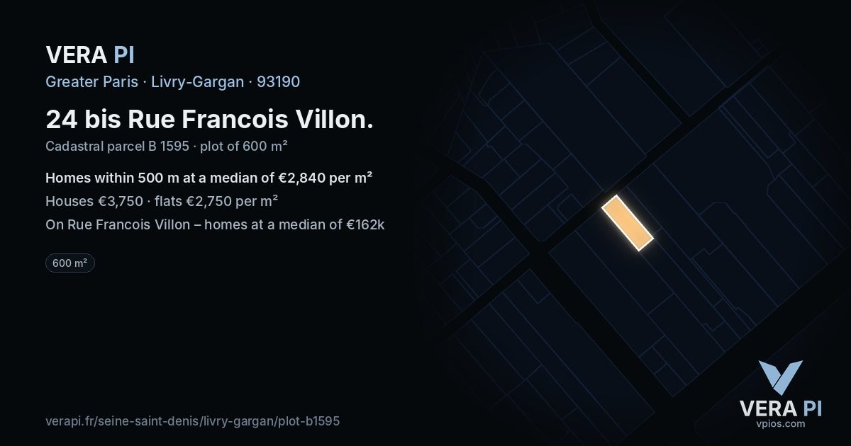 24 bis Rue Francois Villon, Livry-Gargan at night – the plot lit, the parcels around coloured by the prices near them