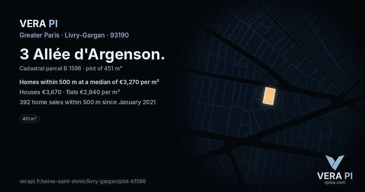 3 Allée d'Argenson, Livry-Gargan at night – the plot lit, the parcels around coloured by the prices near them