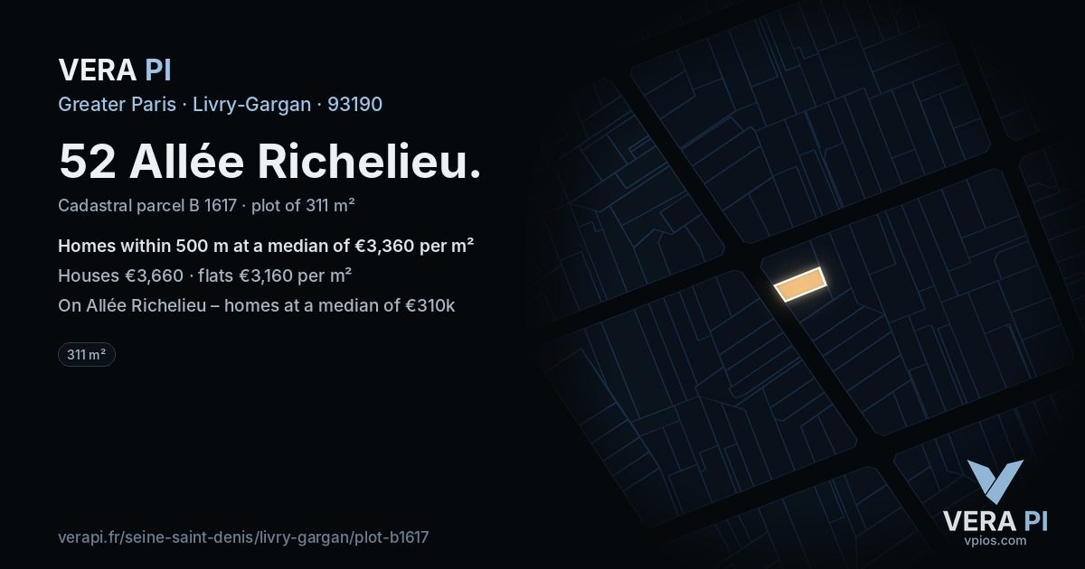 52 Allée Richelieu, Livry-Gargan at night – the plot lit, the parcels around coloured by the prices near them