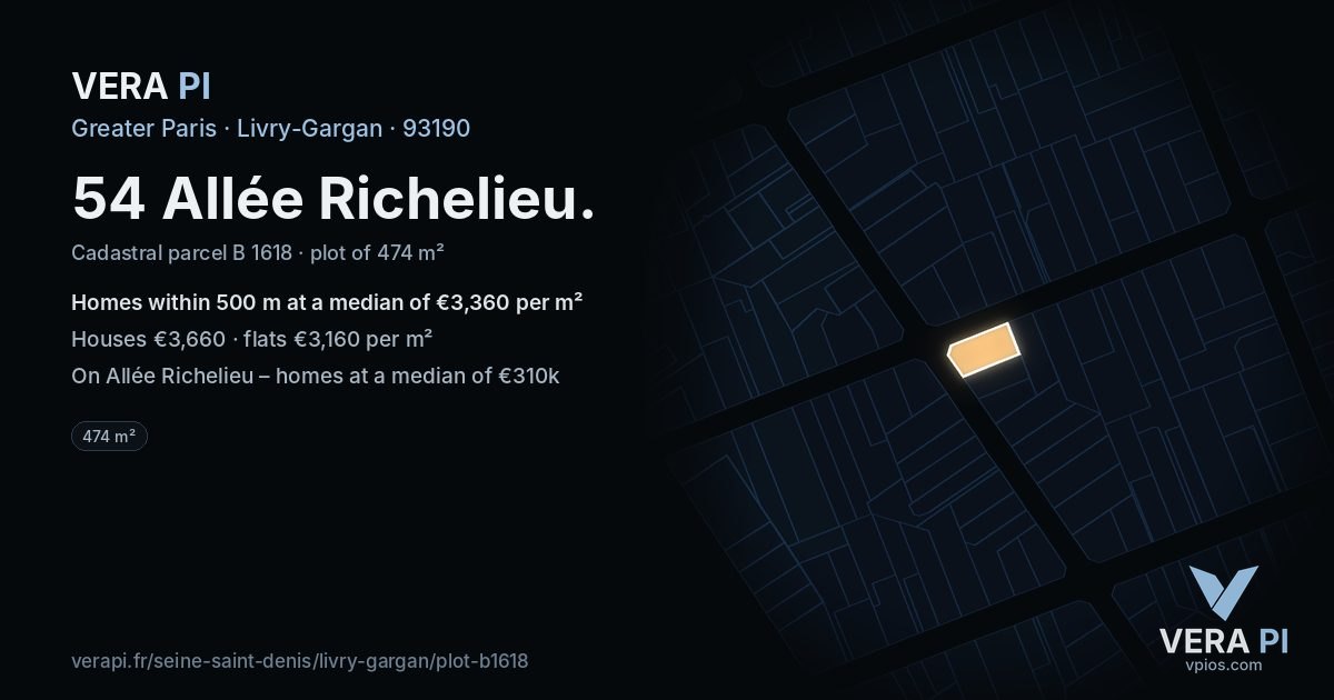 54 Allée Richelieu, Livry-Gargan at night – the plot lit, the parcels around coloured by the prices near them