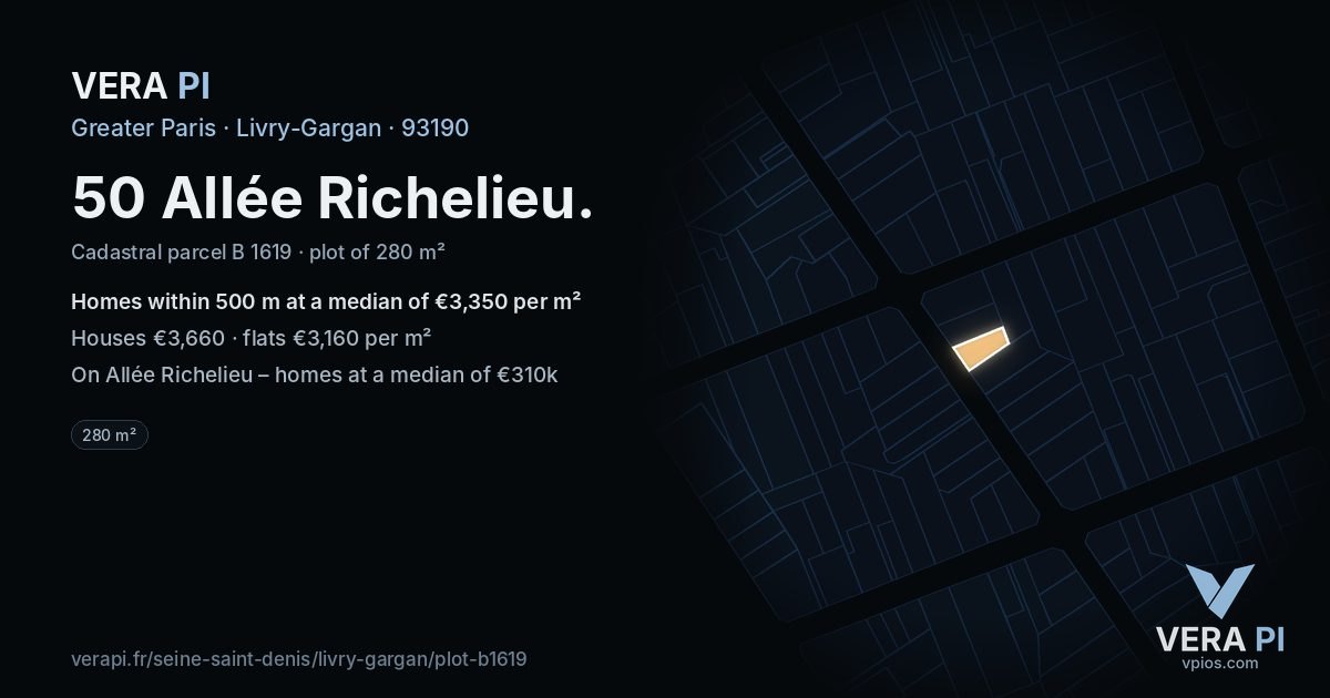 50 Allée Richelieu, Livry-Gargan at night – the plot lit, the parcels around coloured by the prices near them