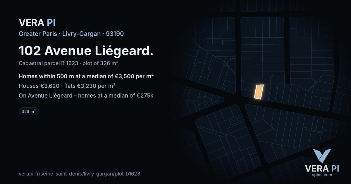 102 Avenue Liégeard, Livry-Gargan at night – the plot lit, the parcels around coloured by the prices near them