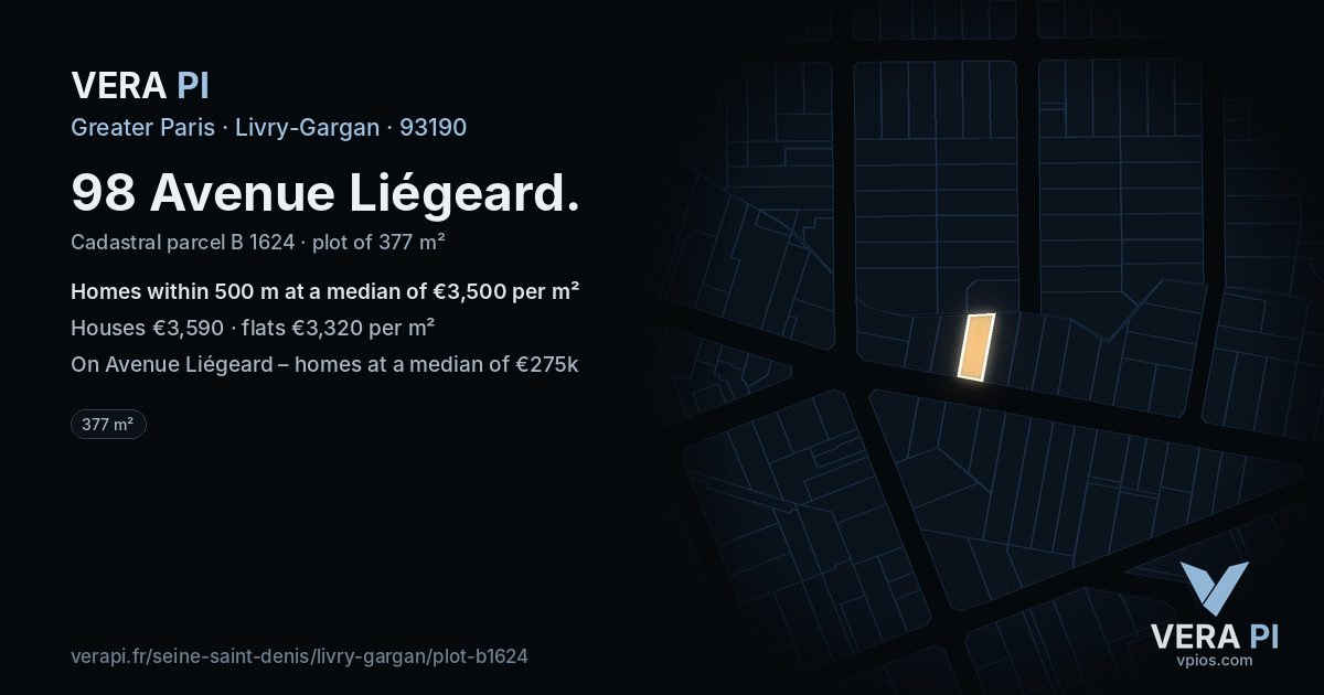 98 Avenue Liégeard, Livry-Gargan at night – the plot lit, the parcels around coloured by the prices near them