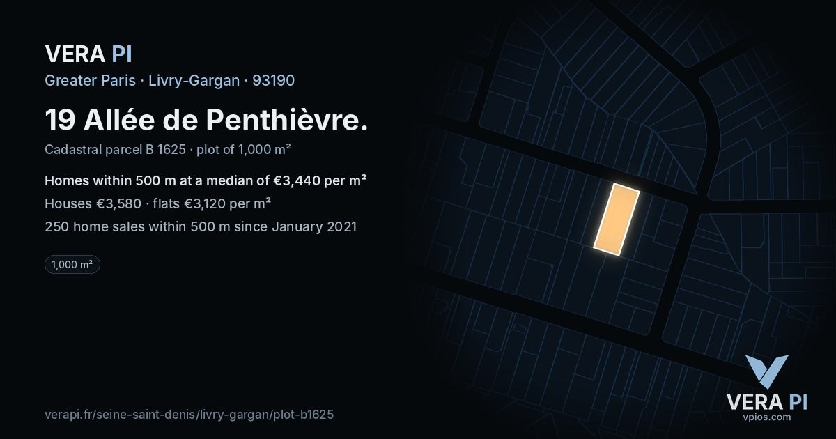 19 Allée de Penthièvre, Livry-Gargan at night – the plot lit, the parcels around coloured by the prices near them