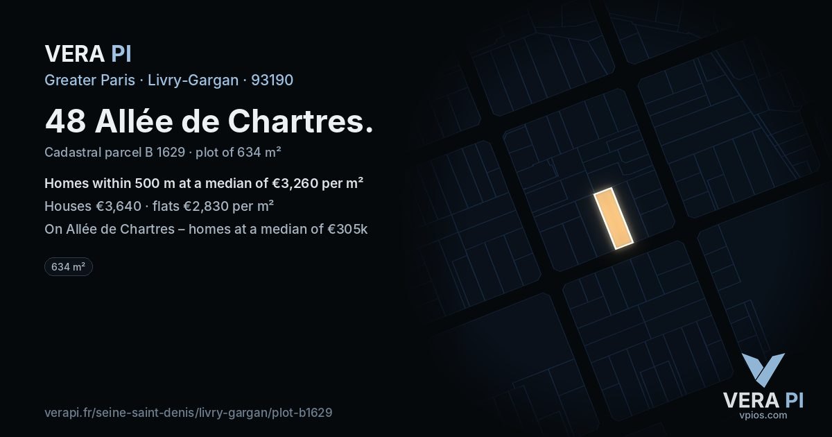 48 Allée de Chartres, Livry-Gargan at night – the plot lit, the parcels around coloured by the prices near them