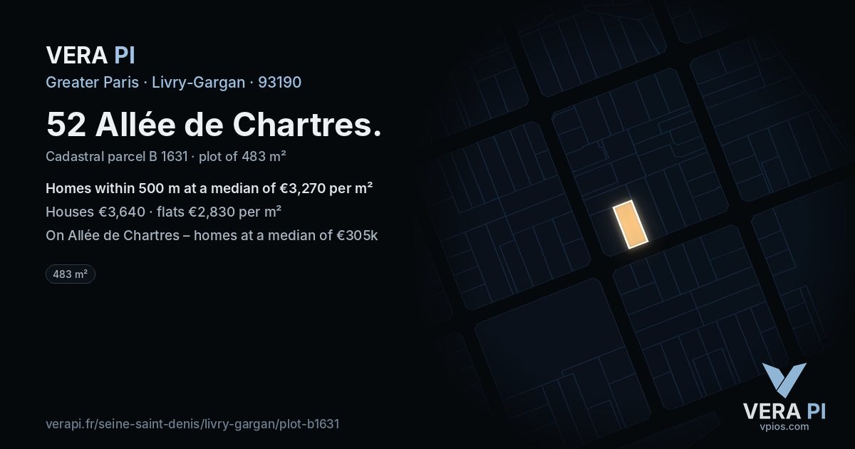 52 Allée de Chartres, Livry-Gargan at night – the plot lit, the parcels around coloured by the prices near them