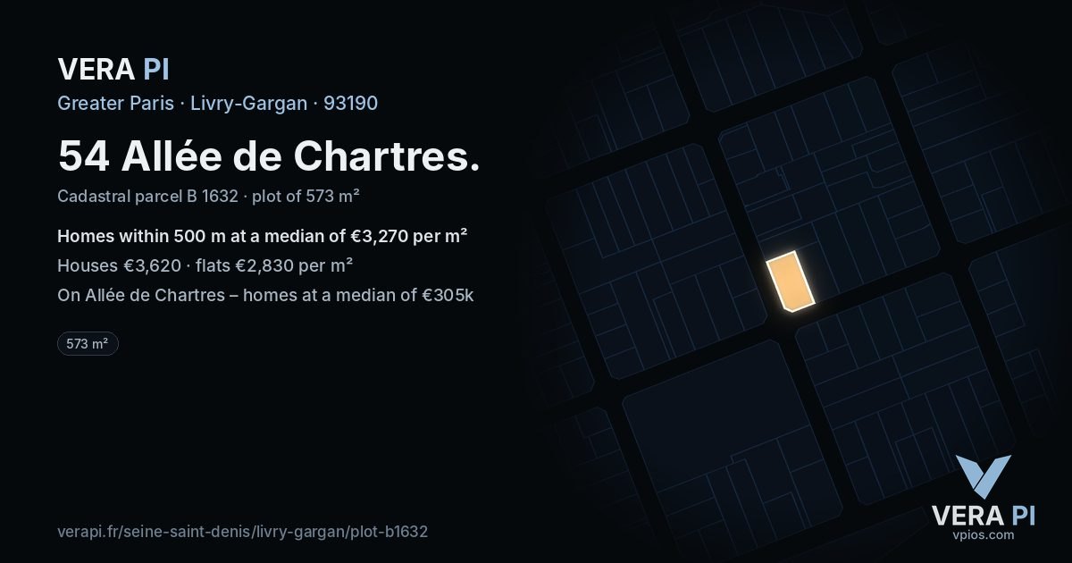 54 Allée de Chartres, Livry-Gargan at night – the plot lit, the parcels around coloured by the prices near them