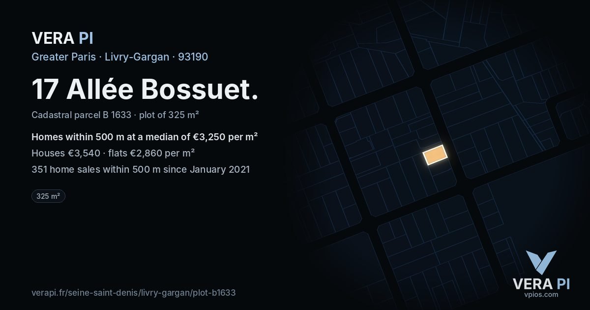 17 Allée Bossuet, Livry-Gargan at night – the plot lit, the parcels around coloured by the prices near them
