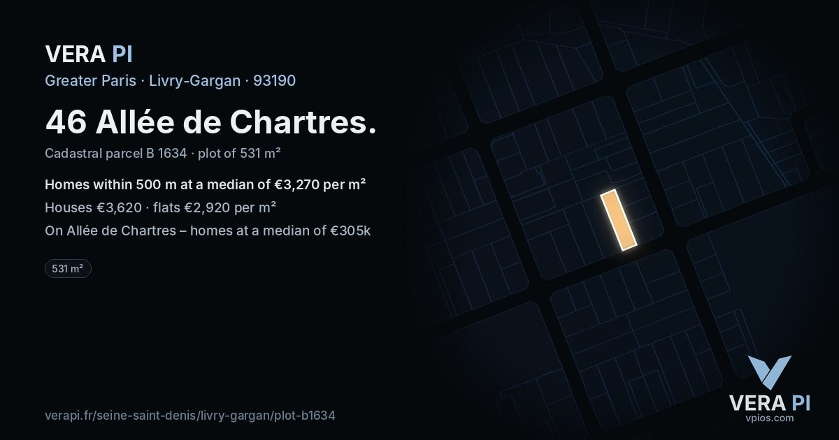 46 Allée de Chartres, Livry-Gargan at night – the plot lit, the parcels around coloured by the prices near them