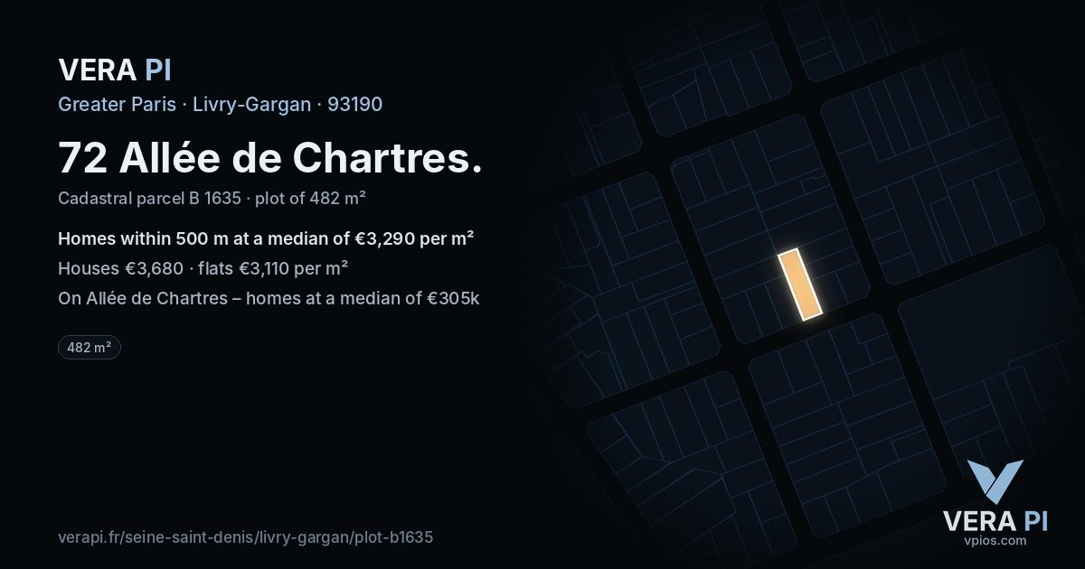 72 Allée de Chartres, Livry-Gargan at night – the plot lit, the parcels around coloured by the prices near them