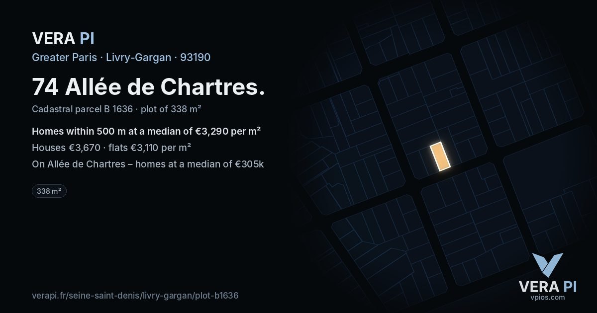 74 Allée de Chartres, Livry-Gargan at night – the plot lit, the parcels around coloured by the prices near them