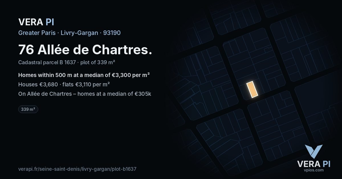 76 Allée de Chartres, Livry-Gargan at night – the plot lit, the parcels around coloured by the prices near them