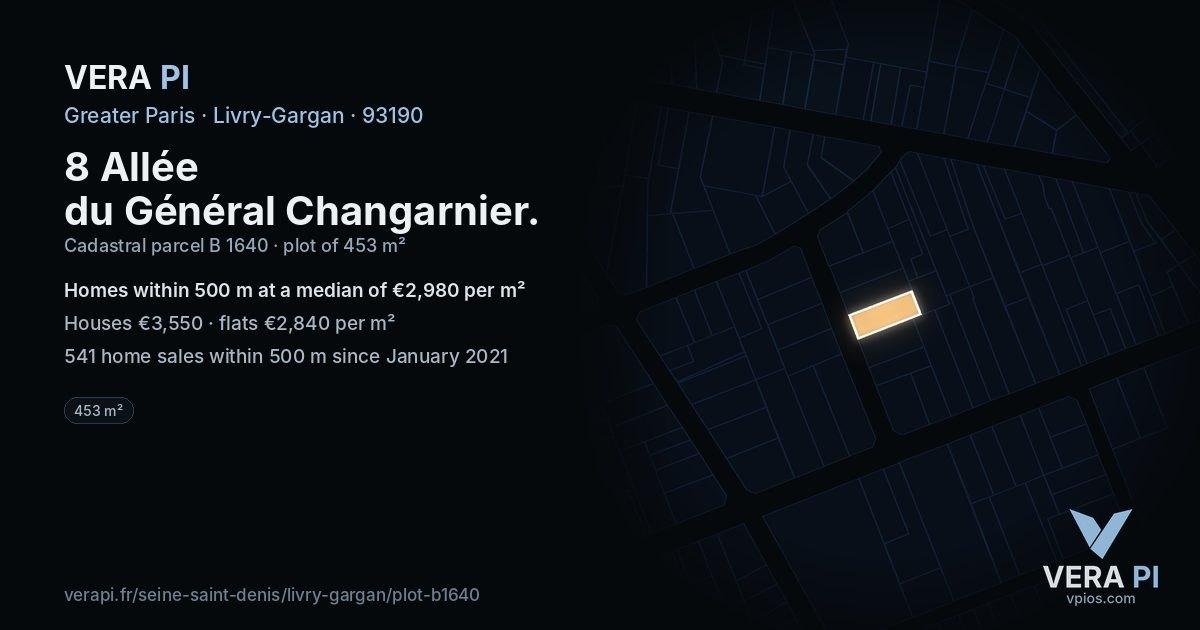 8 Allée du Général Changarnier, Livry-Gargan at night – the plot lit, the parcels around coloured by the prices near them