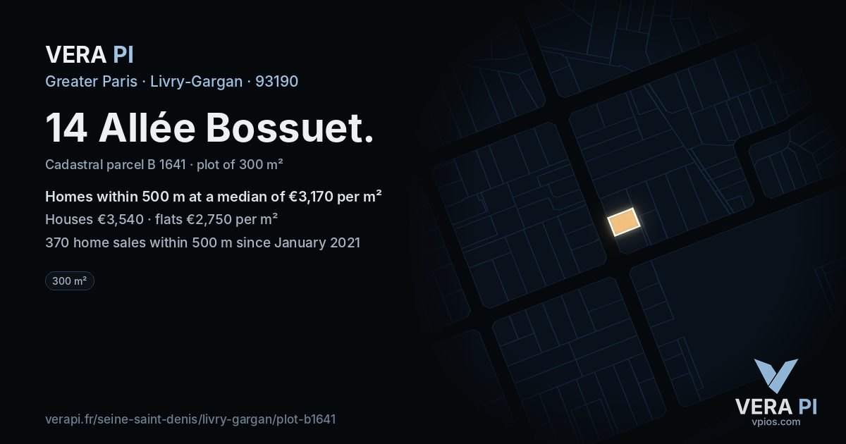 14 Allée Bossuet, Livry-Gargan at night – the plot lit, the parcels around coloured by the prices near them