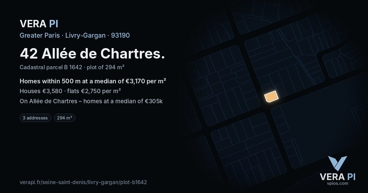 42 Allée de Chartres, Livry-Gargan at night – the plot lit, the parcels around coloured by the prices near them