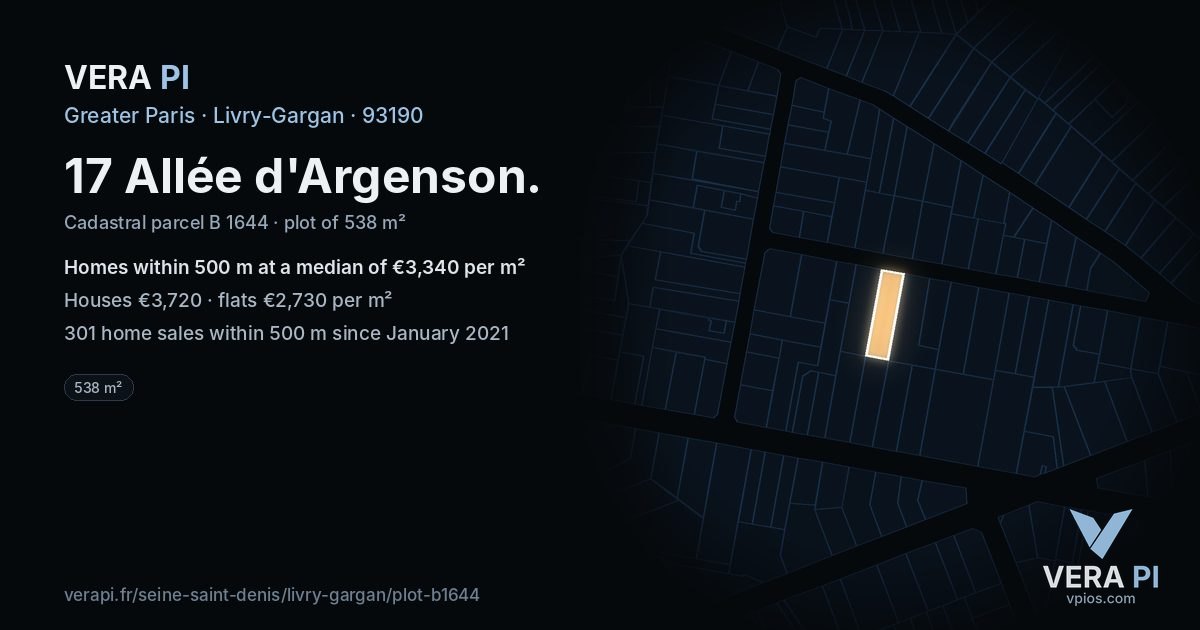 17 Allée d'Argenson, Livry-Gargan at night – the plot lit, the parcels around coloured by the prices near them