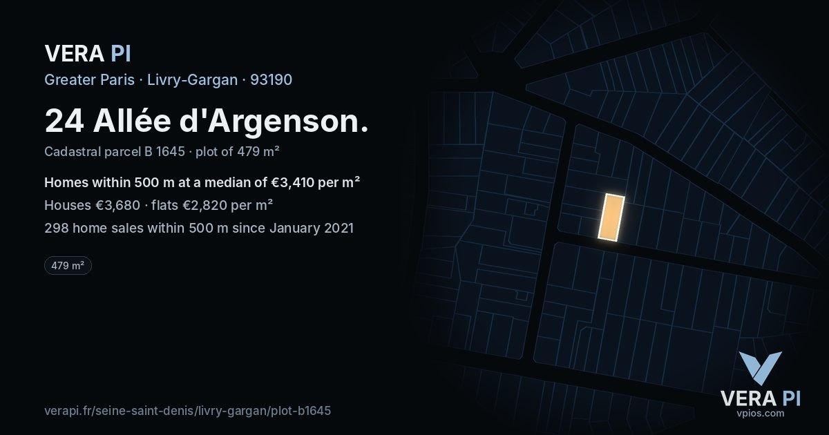 24 Allée d'Argenson, Livry-Gargan at night – the plot lit, the parcels around coloured by the prices near them