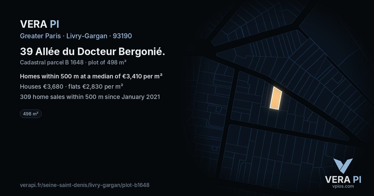 39 Allée du Docteur Bergonié, Livry-Gargan at night – the plot lit, the parcels around coloured by the prices near them