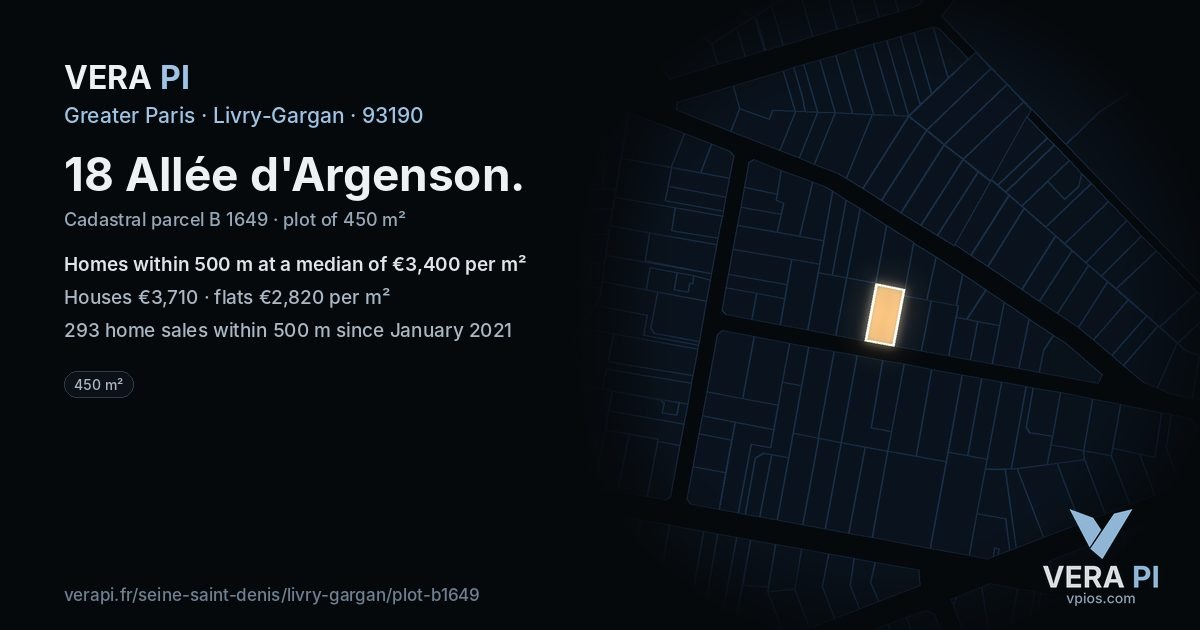 18 Allée d'Argenson, Livry-Gargan at night – the plot lit, the parcels around coloured by the prices near them