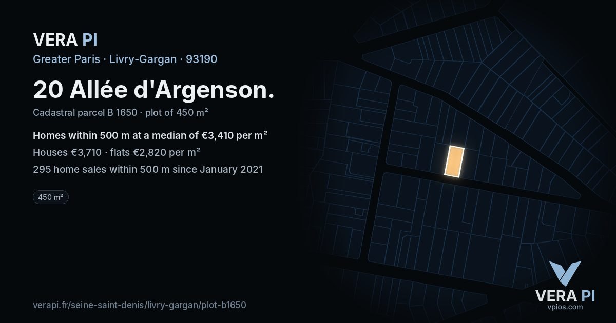 20 Allée d'Argenson, Livry-Gargan at night – the plot lit, the parcels around coloured by the prices near them