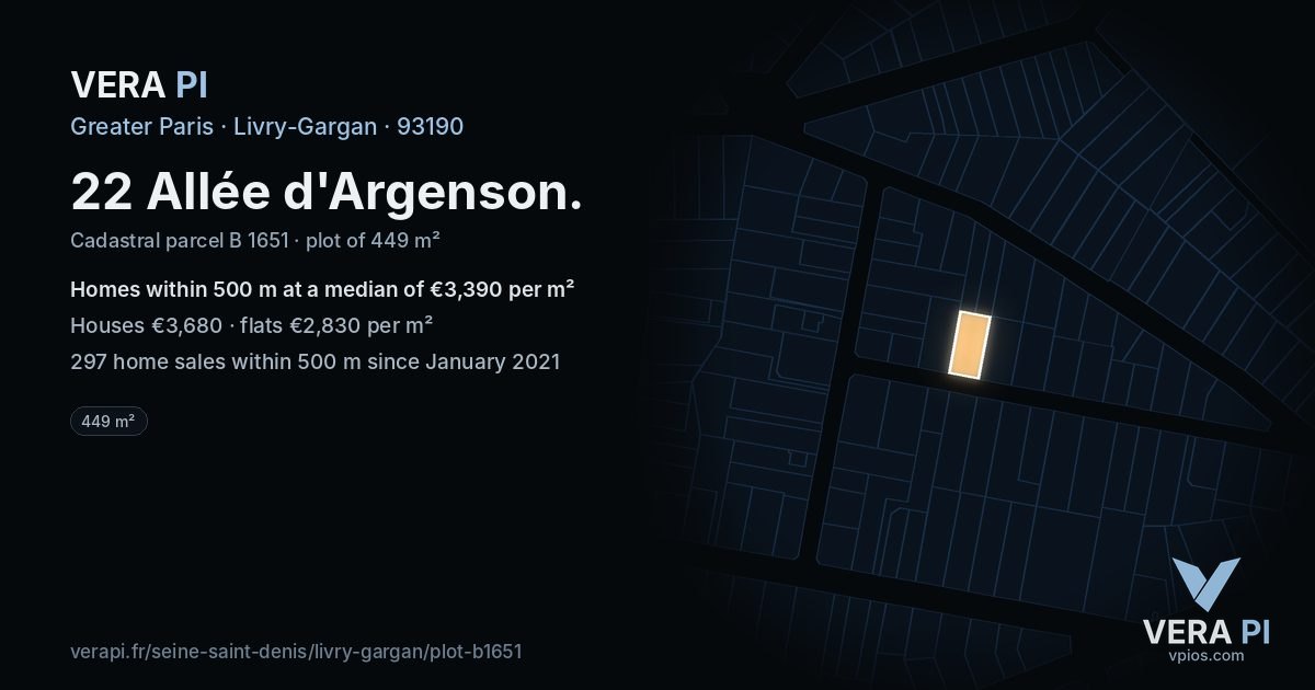 22 Allée d'Argenson, Livry-Gargan at night – the plot lit, the parcels around coloured by the prices near them