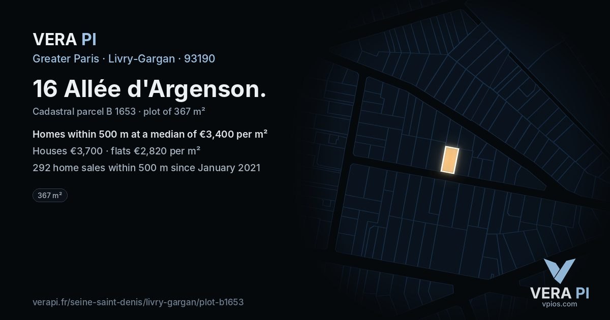 16 Allée d'Argenson, Livry-Gargan at night – the plot lit, the parcels around coloured by the prices near them