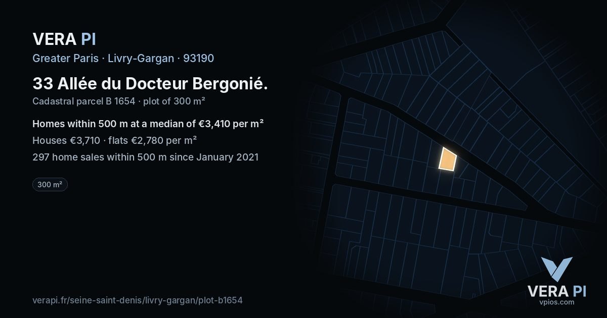33 Allée du Docteur Bergonié, Livry-Gargan at night – the plot lit, the parcels around coloured by the prices near them