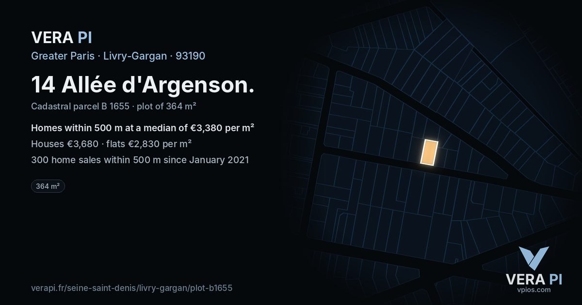14 Allée d'Argenson, Livry-Gargan at night – the plot lit, the parcels around coloured by the prices near them