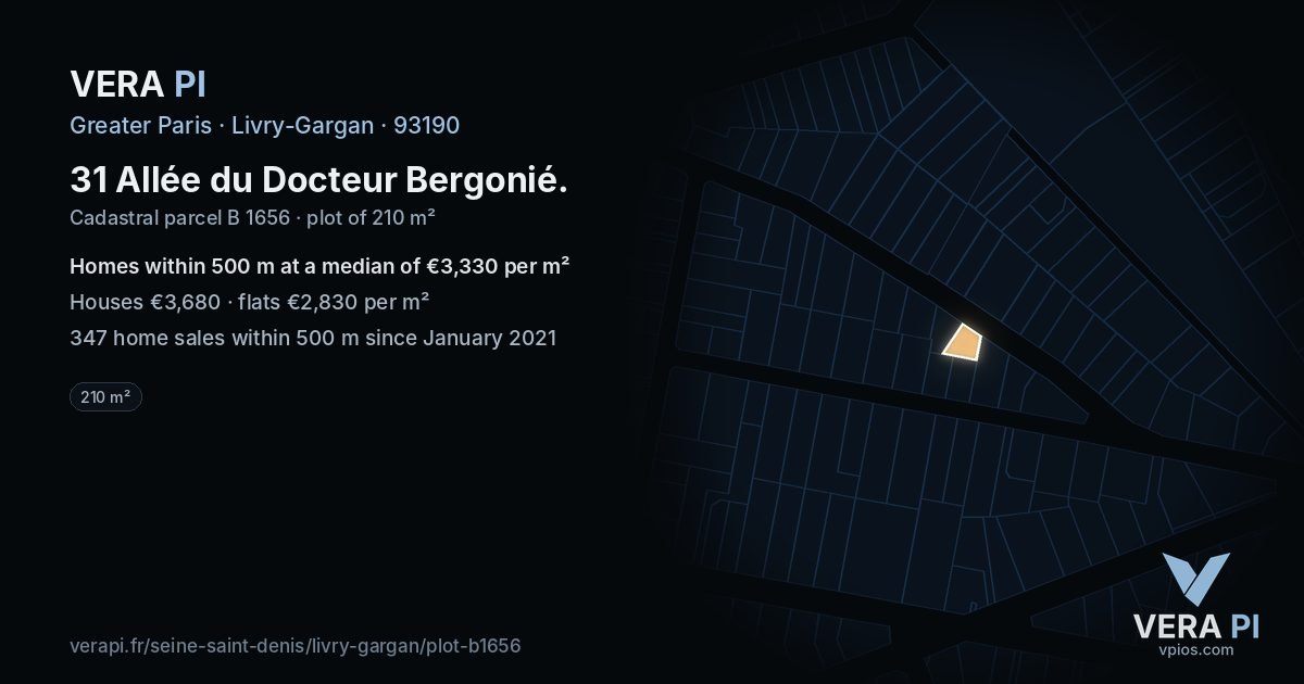 31 Allée du Docteur Bergonié, Livry-Gargan at night – the plot lit, the parcels around coloured by the prices near them