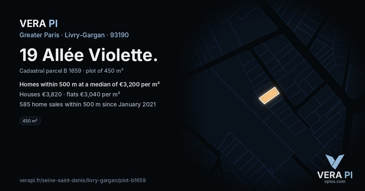 19 Allée Violette, Livry-Gargan at night – the plot lit, the parcels around coloured by the prices near them