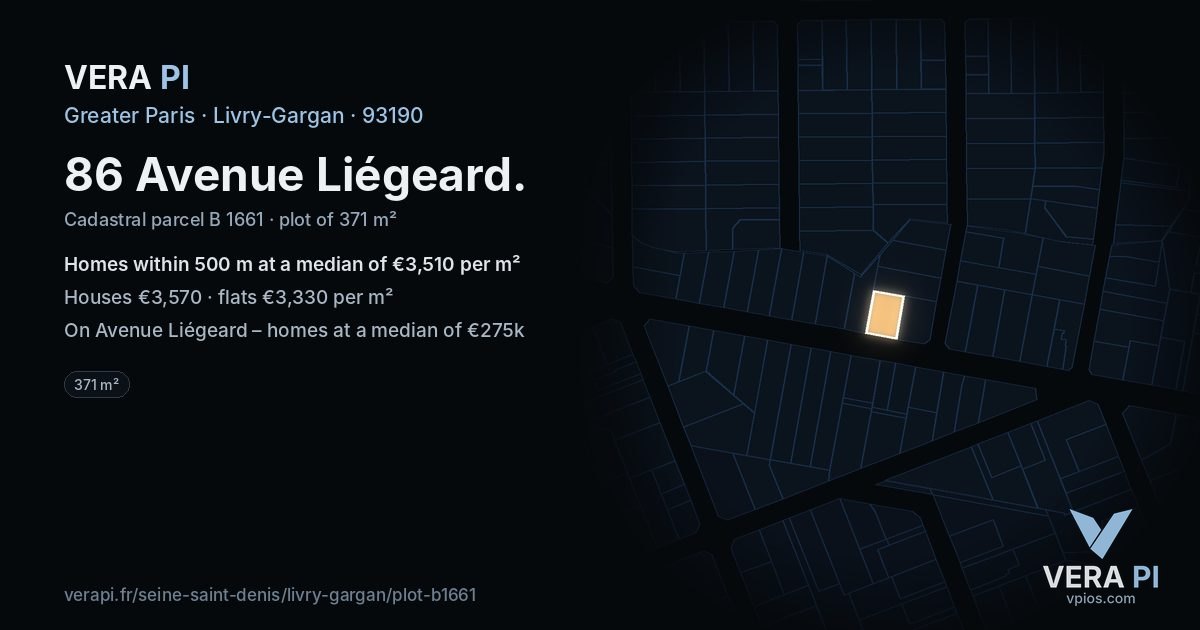 86 Avenue Liégeard, Livry-Gargan at night – the plot lit, the parcels around coloured by the prices near them