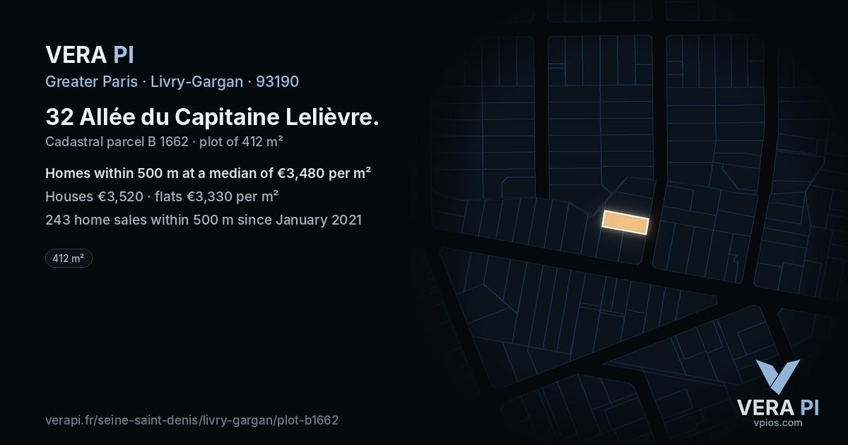 32 Allée du Capitaine Lelièvre, Livry-Gargan at night – the plot lit, the parcels around coloured by the prices near them