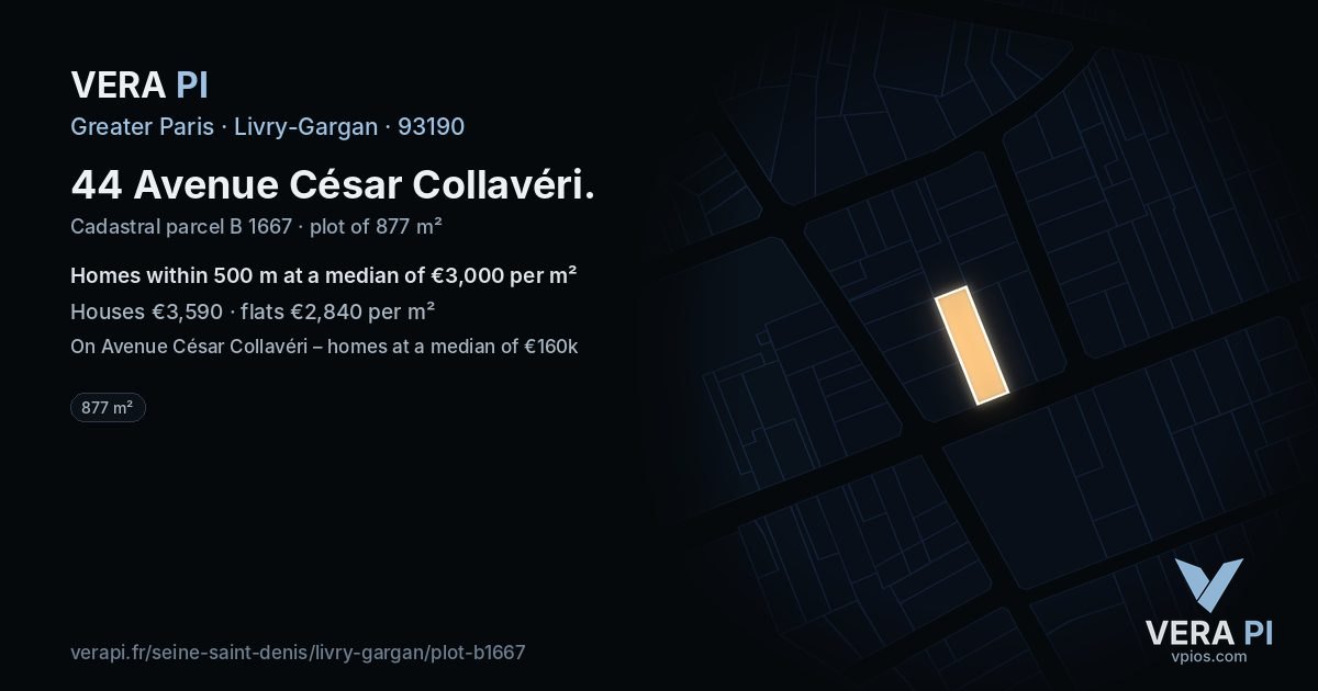 44 Avenue César Collavéri, Livry-Gargan at night – the plot lit, the parcels around coloured by the prices near them