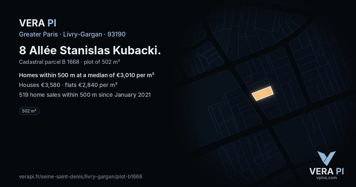 8 Allée Stanislas Kubacki, Livry-Gargan at night – the plot lit, the parcels around coloured by the prices near them