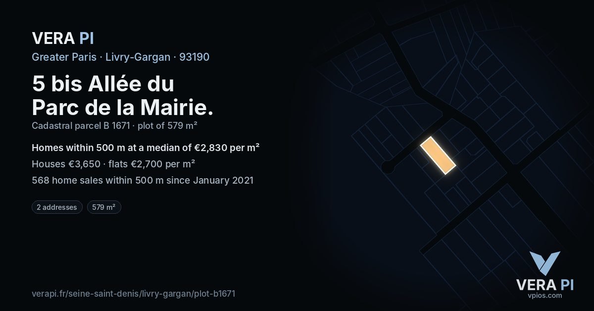 5 bis Allée du Parc de la Mairie, Livry-Gargan at night – the plot lit, the parcels around coloured by the prices near them