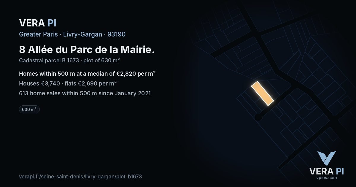 8 Allée du Parc de la Mairie, Livry-Gargan at night – the plot lit, the parcels around coloured by the prices near them