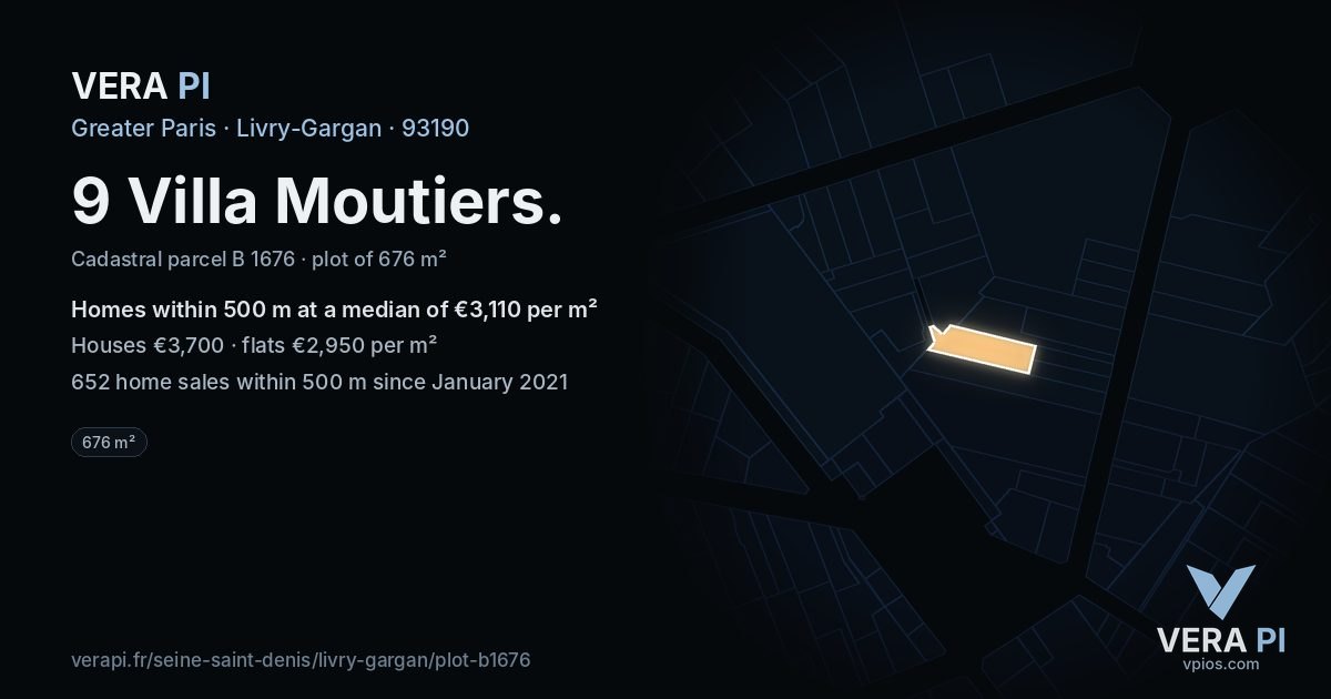 9 Villa Moutiers, Livry-Gargan at night – the plot lit, the parcels around coloured by the prices near them