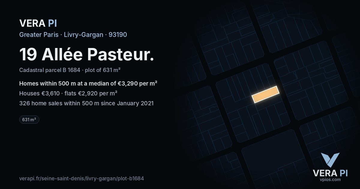 19 Allée Pasteur, Livry-Gargan at night – the plot lit, the parcels around coloured by the prices near them