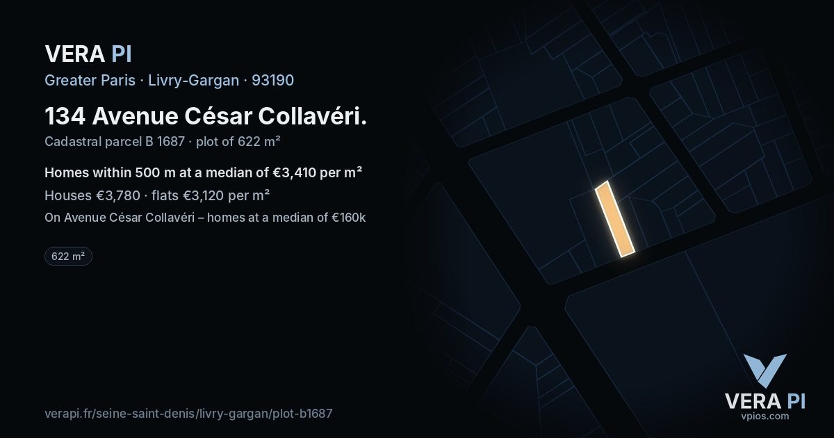 134 Avenue César Collavéri, Livry-Gargan at night – the plot lit, the parcels around coloured by the prices near them