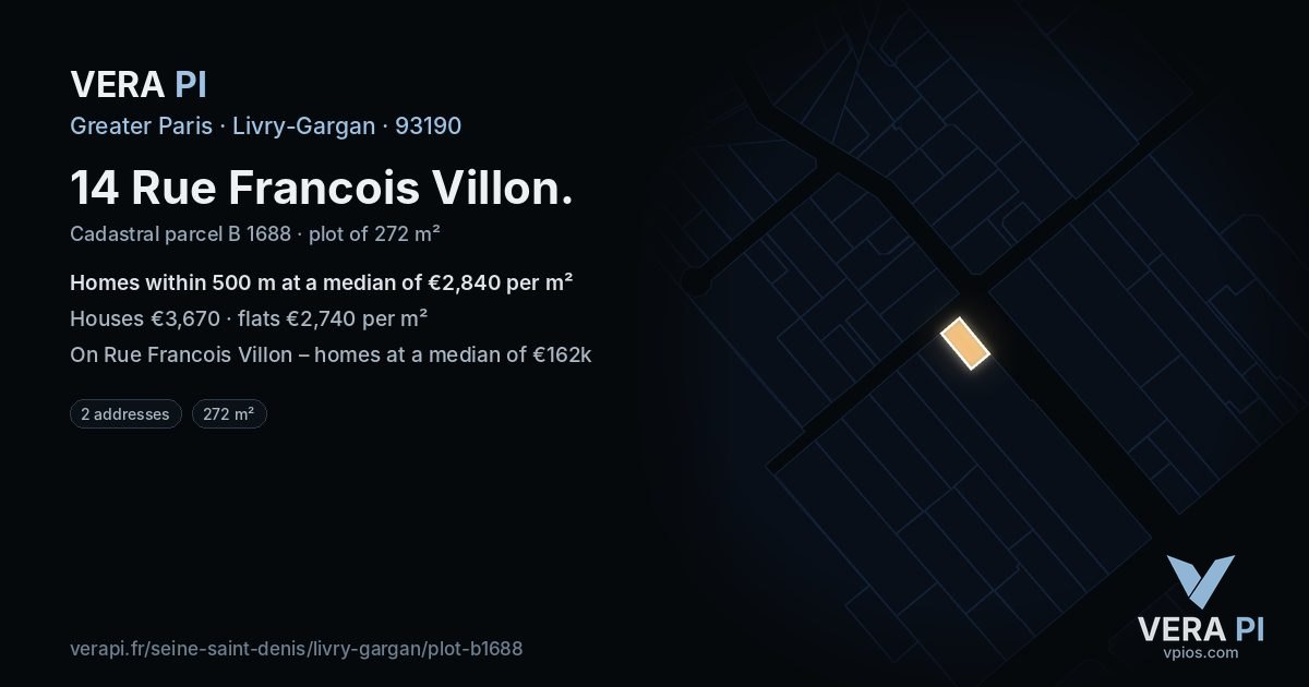 14 Rue Francois Villon, Livry-Gargan at night – the plot lit, the parcels around coloured by the prices near them