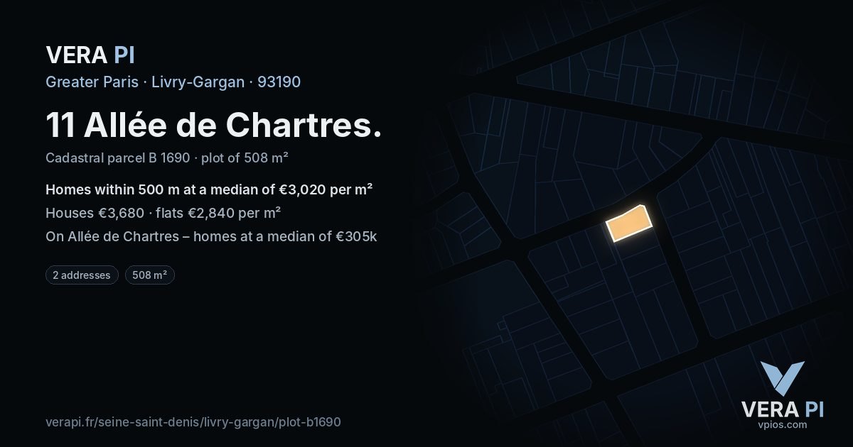 11 Allée de Chartres, Livry-Gargan at night – the plot lit, the parcels around coloured by the prices near them
