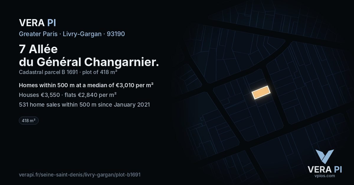 7 Allée du Général Changarnier, Livry-Gargan at night – the plot lit, the parcels around coloured by the prices near them