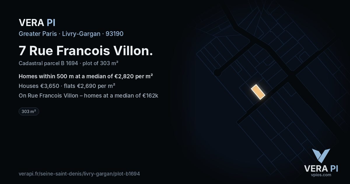7 Rue Francois Villon, Livry-Gargan at night – the plot lit, the parcels around coloured by the prices near them