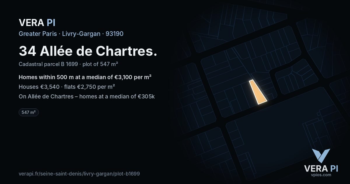 34 Allée de Chartres, Livry-Gargan at night – the plot lit, the parcels around coloured by the prices near them