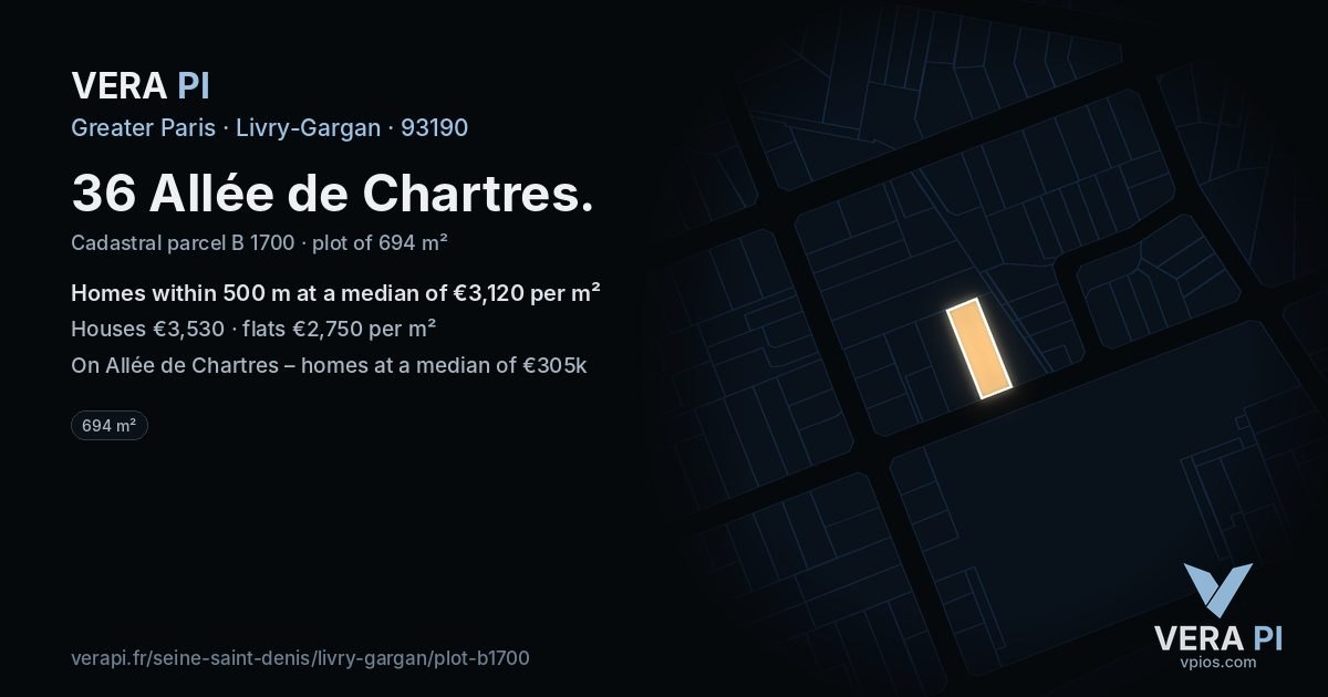 36 Allée de Chartres, Livry-Gargan at night – the plot lit, the parcels around coloured by the prices near them