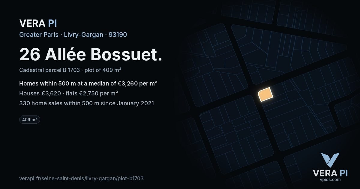 26 Allée Bossuet, Livry-Gargan at night – the plot lit, the parcels around coloured by the prices near them