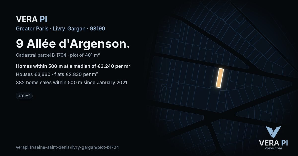 9 Allée d'Argenson, Livry-Gargan at night – the plot lit, the parcels around coloured by the prices near them
