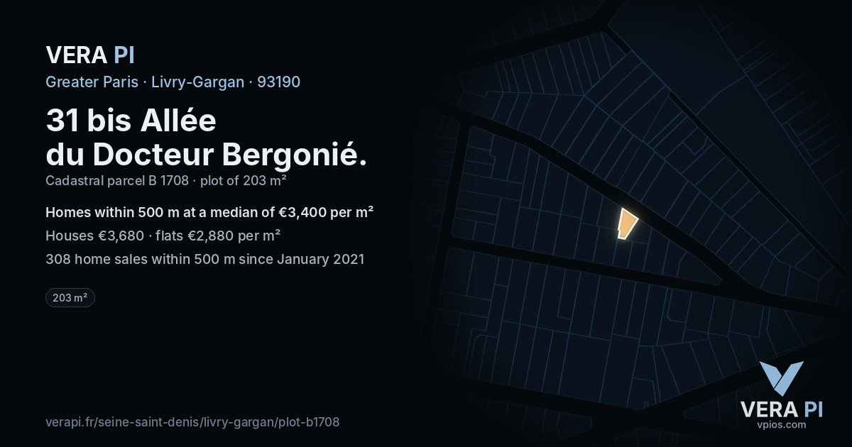 31 bis Allée du Docteur Bergonié, Livry-Gargan at night – the plot lit, the parcels around coloured by the prices near them