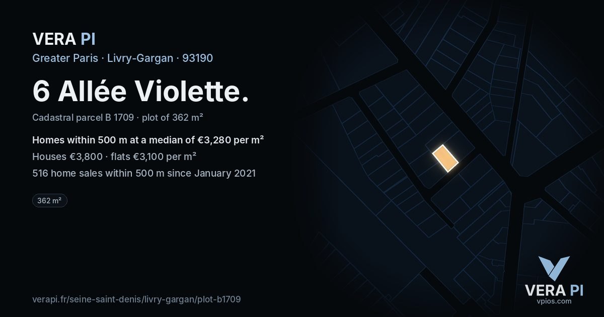 6 Allée Violette, Livry-Gargan at night – the plot lit, the parcels around coloured by the prices near them
